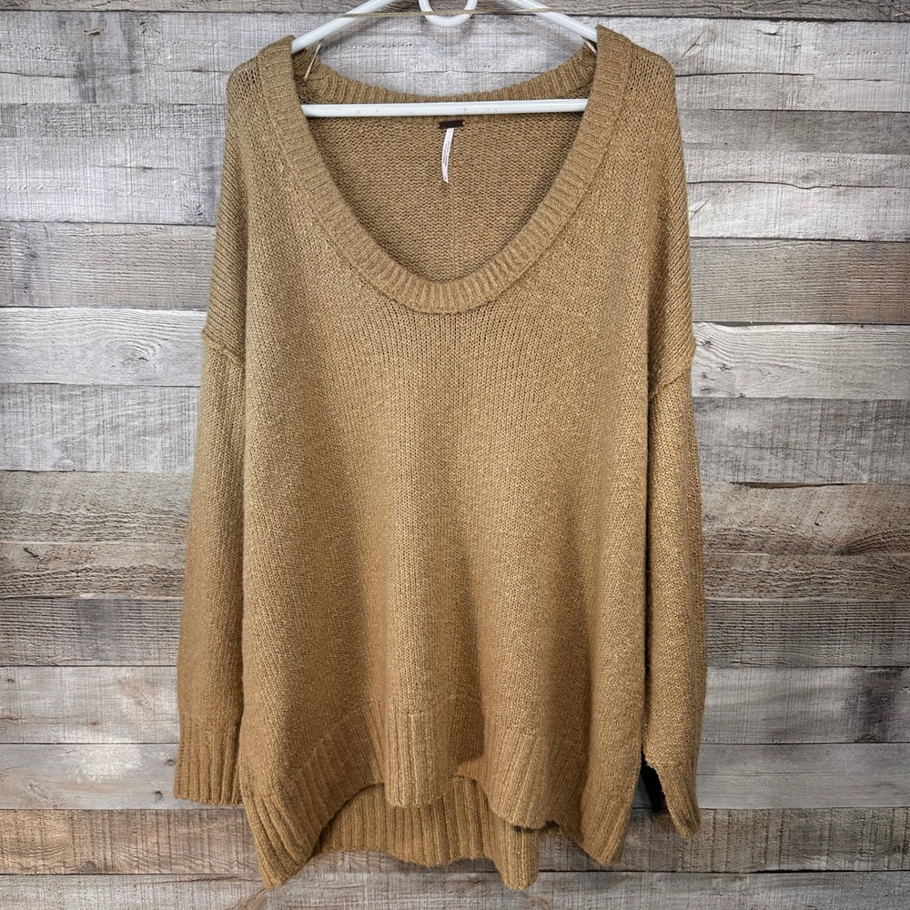 Free People Brookside Tunic Sweater Desert Camel Oversized Scoop Neck Large